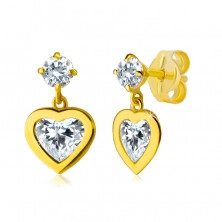 Cercei din aur galben 14K - zirconiu în formă de inimă în suport, zirconiu rotund transparent