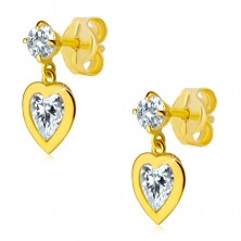 Cercei din aur galben 14K - zirconiu în formă de inimă în suport, zirconiu rotund transparent