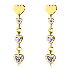 Cercei din aur lucioși 585 - inimă strălucitoare de zirconiu transparent, inimă simetrică plată
