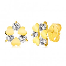 Cercei din aur galben 14K - floare cu inimă și petale transparente de zirconii