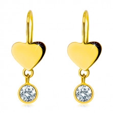 Cercei din aur galben 14K - inimă plată simetrică și zirconiu rotund transparent plasat în suport