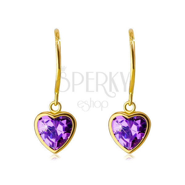 Cercei din aur 585 - inima de zirconiu de nuanță violet plasată într-un suport neted