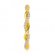 Inel din aur galben de 14 K - două linii întrețesute între ele, zirconii rotunde transparente