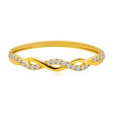 Inel din aur galben de 14 K - două linii întrețesute între ele, zirconii rotunde transparente