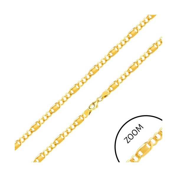 Lanț din aur 585 - trei zale ovale, zală cu un dreptunghi în centru, 550 mm