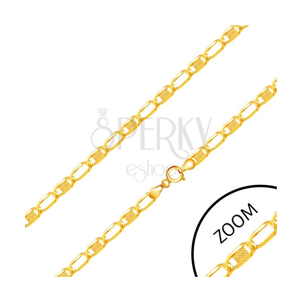 Lanț din aur galben 585 - zale alungite împodobite cu dreptunghi cu model, 450 mm