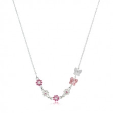 Colier din argint 925 pentru copii - flori cu smalț roz și alb, fluturi din cristale sintetice