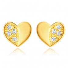 Cercei din aur 14K - inimă simetrică, jumătate lucioasă și jumătate cu zirconii