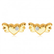 Cercei din aur 14K - inimă plină simetrică cu aripi și un zirconiu transparent