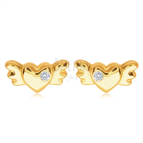 Cercei din aur 14K - inimă plină simetrică cu aripi și un zirconiu transparent