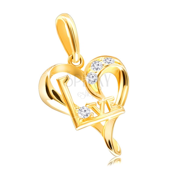 Pandantiv din aur galben 14K - inimă asimetrică cu zirconii și scris „Love”