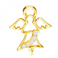 Pandantiv din aur lucios 585 - contur de înger cu aripi sculptate și linie de zirconii