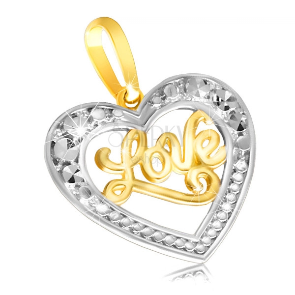Pandantiv din aur 585 - inima lucioasă cu scris „Love”