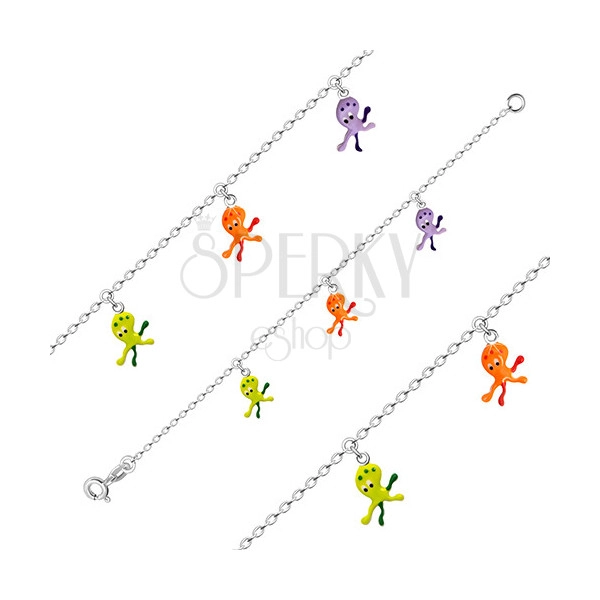 Brățară pentru copii din argint 925 - trei caracatițe cu smalț portocaliu, verde și violet