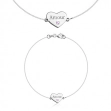 Bratara din argint 925 - inima cu scris "Amour" si un zirconiu roz