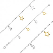 Brățară pentru copii din argint 925 - jumătate de lună și contururi de stele într-o nuanță de aur și argint