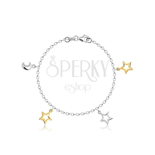 Brățară pentru copii din argint 925 - jumătate de lună și contururi de stele într-o nuanță de aur și argint