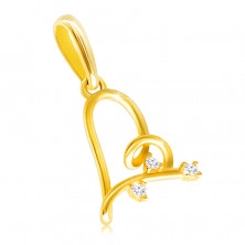 Pandantiv din aur 14K - inimă asimetrică decorată cu trei zirconii mici