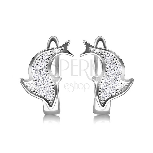 Cercei din argint 925 placați cu rodiu - delfin strălucitor decorat cu zirconii clare