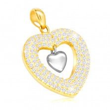 Pandantiv din aur combinat 585 - inimă lucioasă și un contur al inimii cu zirconii clare