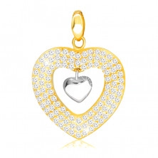Pandantiv din aur combinat 585 - inimă lucioasă și un contur al inimii cu zirconii clare
