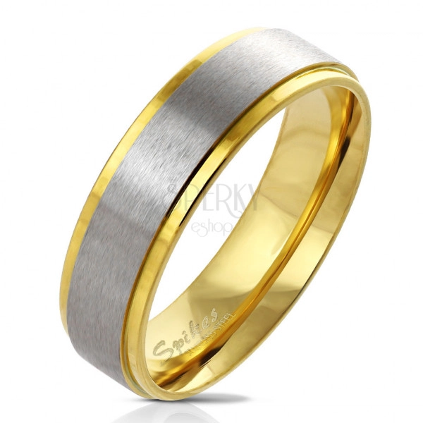 Inel din oțel de nuanță de aur - dunga în centru cu un finisaj mat, 6 mm