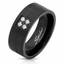 Inel din oțel de culoare neagră - patru zirconii strălucitoare, 8 mm