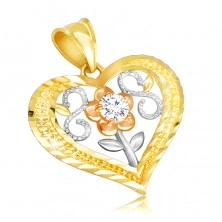 Pandantiv din aur galben 14K - contur al unei inimi simetrice, floare cu zirconiu clar, cifra opt orizontală