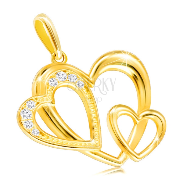 Pandantiv din aur galben 9K - contur de trei inimi, zirconii clare
