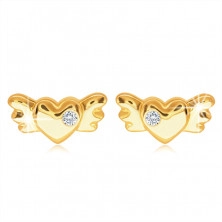 Cercei din aur 9K - inimă plină simetrică cu aripi și un zirconiu clar