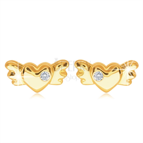 Cercei din aur 9K - inimă plină simetrică cu aripi și un zirconiu clar