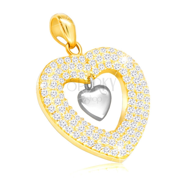 Pandantiv din aur combinat 375 - o inimă pavată cu zirconii clare, o inimă plină