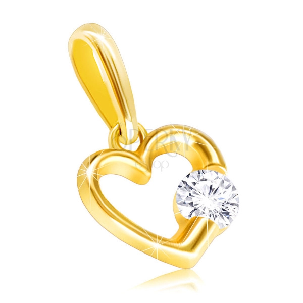 Pandantiv din aur galben 9K - contur lucios al unei inimi cu zirconiu clar