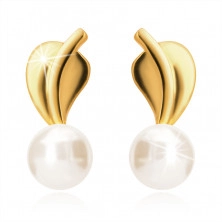 Cercei din aur 375 - frunză cu tulpină, o perlă de culoare albă