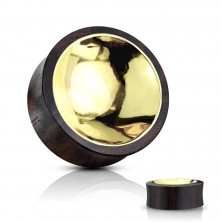 Plug din lemn Sono în culoare maro-negru pentru ureche - un cerc colorat auriu