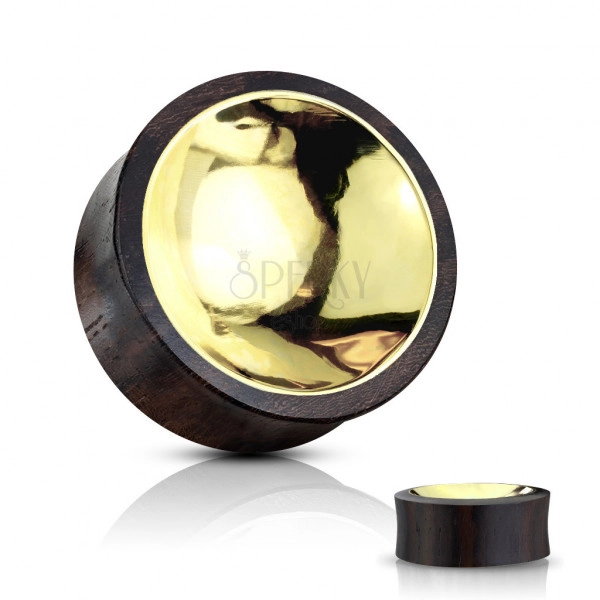 Plug din lemn Sono în culoare maro-negru pentru ureche - un cerc colorat auriu