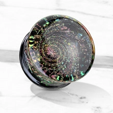 Plug din sticlă pentru ureche - partea de jos neagră cu sclipici multicolor, motiv de cosmos
