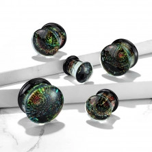 Plug din sticlă pentru ureche - partea de jos neagră cu sclipici multicolor, motiv de cosmos