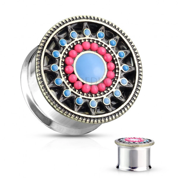 Plug din oțel într-o culoare argintie - floare cu petale roz și albastru