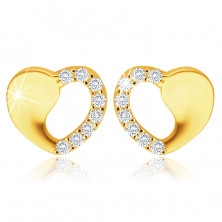 Cercei din aur galben 585 - inimă simetrică cu decupaj, zirconii rotunde
