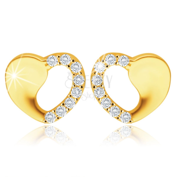Cercei din aur galben 585 - inimă simetrică cu decupaj, zirconii rotunde