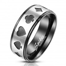Inel din oțel într-o nuanță negru-argintie – simboluri ale cărților de joc, de poker, 8 mm