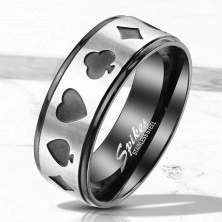 Inel din oțel într-o nuanță negru-argintie – simboluri ale cărților de joc, de poker, 8 mm