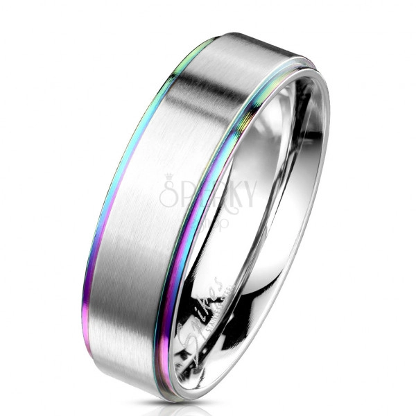 Inel din oțel cu bandă mată de o culoare argintie - margini într-o nuanță curcubeu, 6 mm