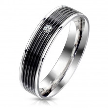 Inel din oțel cu dunga neagră - zirconiu clar rotund, linii de margine lucioase, 6 mm