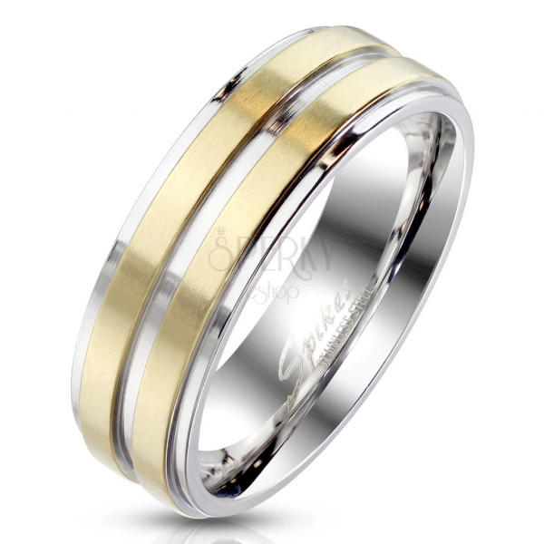 Inel din oțel într-o culoare argintie - decorat cu două dungi într-un design colorat auriu, 6 mm