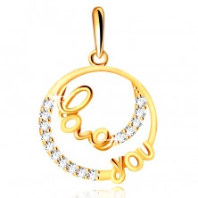 Pandantiv din aur 14K - un cerc cu scris decorativ „Love you”, mici zirconii clare