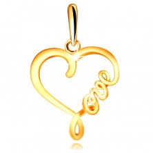 Pandantiv din aur galben 585 - contur lucios în formă de inimă cu scris “Love”