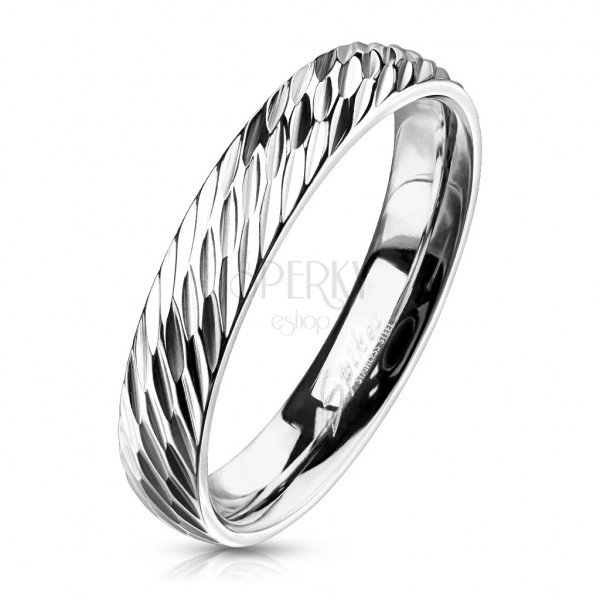 Inel de oțel, nuanță argintie – crestături diagonale adânci, 4 mm