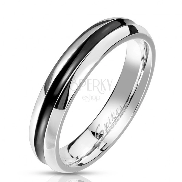Inel din oțel într-un design colorat argintiu - o dungă cu smalț negru, 4 mm
